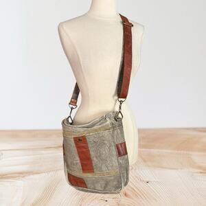 Mona B‎ Recycled Material Canvas Leather Brown Gray Messenger's Bag 11x13 Unisex